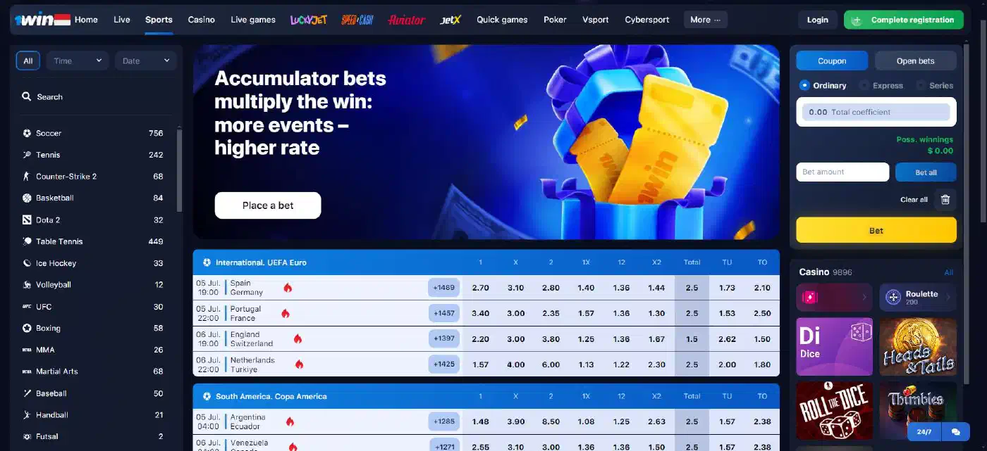 1win bets on sports and games